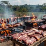 Festival de churrasco em Jaru com carnes na grelha e ambiente rural