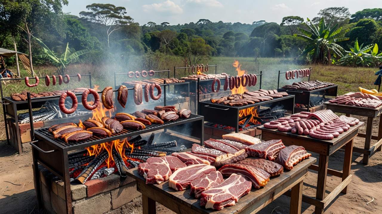 Festival de churrasco em Jaru com carnes na grelha e ambiente rural