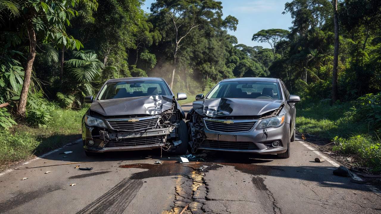 Colisão frontal de veículos em estrada rural na RO entre Ouro Preto e Jaru