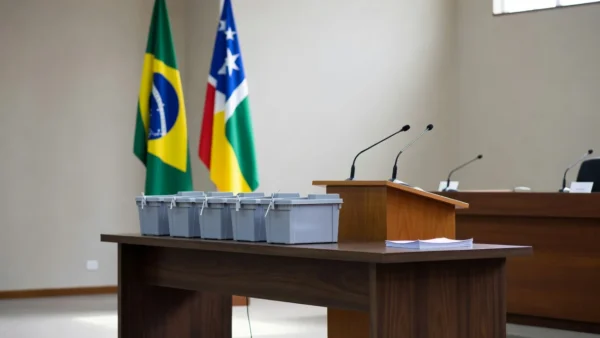 Salão de convenção política em Rondônia com bandeiras e urnas eleitorais