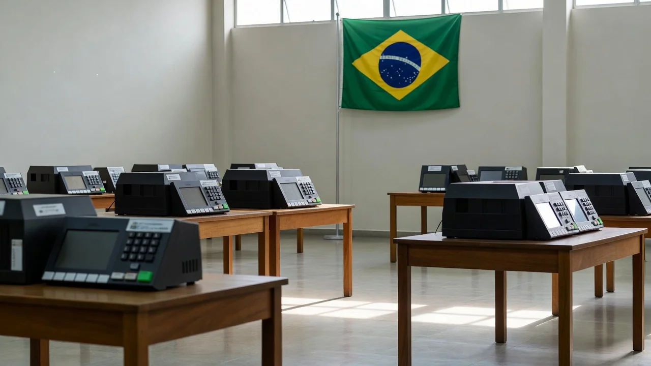 Seção eleitoral brasileira com urnas eletrônicas para eleições de 2026