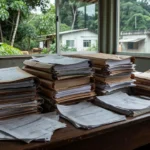Pilha de documentos de processos do INSS em Rondônia sobre análise de tempo de contribuição