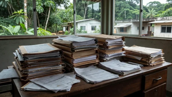 Pilha de documentos de processos do INSS em Rondônia sobre análise de tempo de contribuição