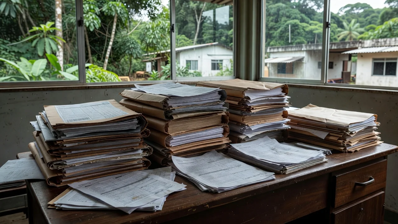 Pilha de documentos de processos do INSS em Rondônia sobre análise de tempo de contribuição