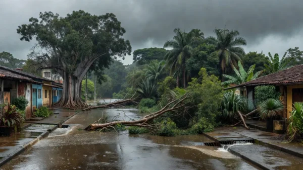 Ruas alagadas e árvores derrubadas por chuvas fortes em Porto Velho