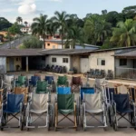 Cadeiras de rodas e muletas organizadas para entrega em centro de distribuição em Porto Velho
