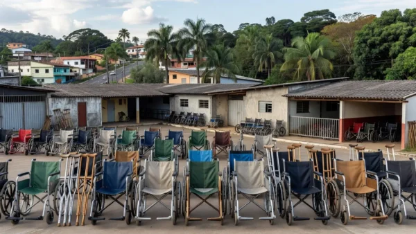 Cadeiras de rodas e muletas organizadas para entrega em centro de distribuição em Porto Velho