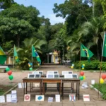 Urnas eleitorais e bandeiras em praça de Rondônia representando candidaturas partidárias