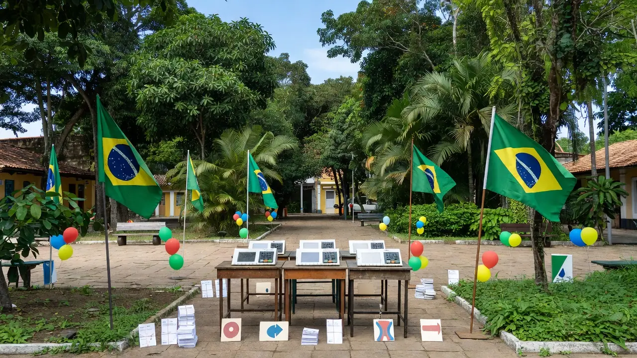 Urnas eleitorais e bandeiras em praça de Rondônia representando candidaturas partidárias