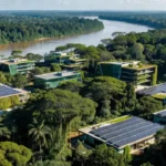 Vista panorâmica de Porto Velho com elementos de desenvolvimento sustentável e áreas verdes