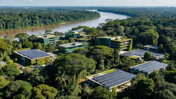 Vista panorâmica de Porto Velho com elementos de desenvolvimento sustentável e áreas verdes