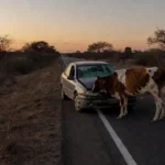 Carro colidido com vaca solta em rodovia brasileira