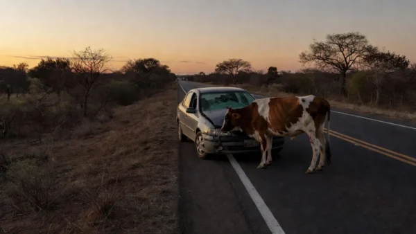 Carro colidido com vaca solta em rodovia brasileira