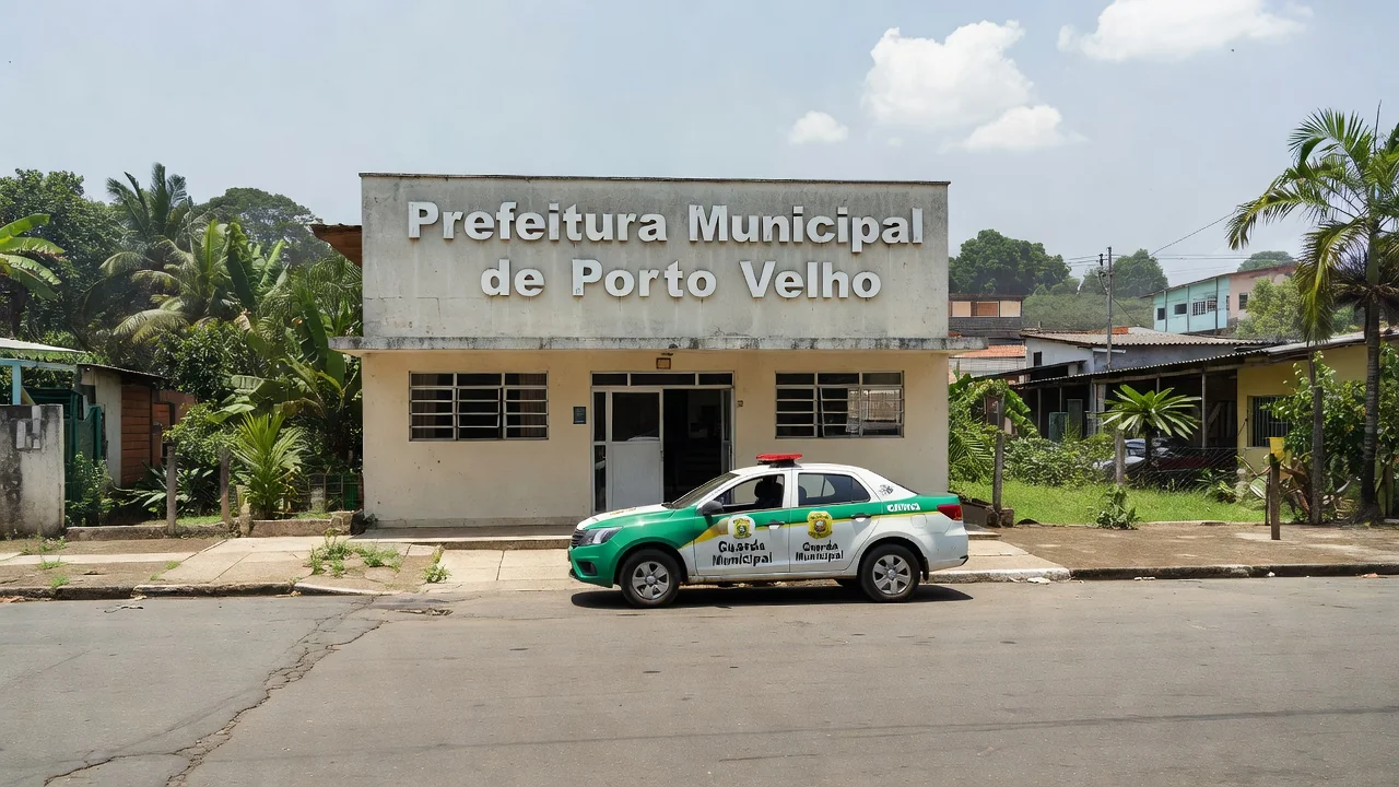 Fachada da Prefeitura de Porto Velho com viatura da Guarda Civil Municipal