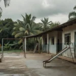 Creche em Jaru, Rondônia, com pátio vazio após mortes por pneumonia