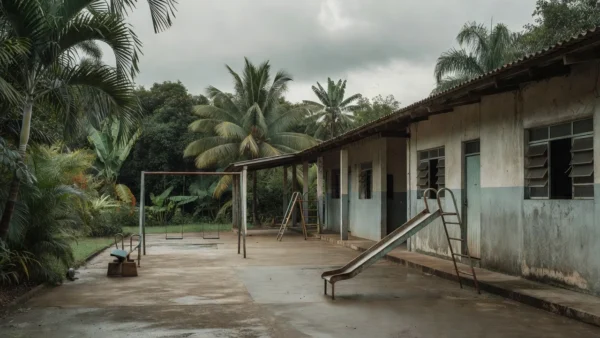 Creche em Jaru, Rondônia, com pátio vazio após mortes por pneumonia