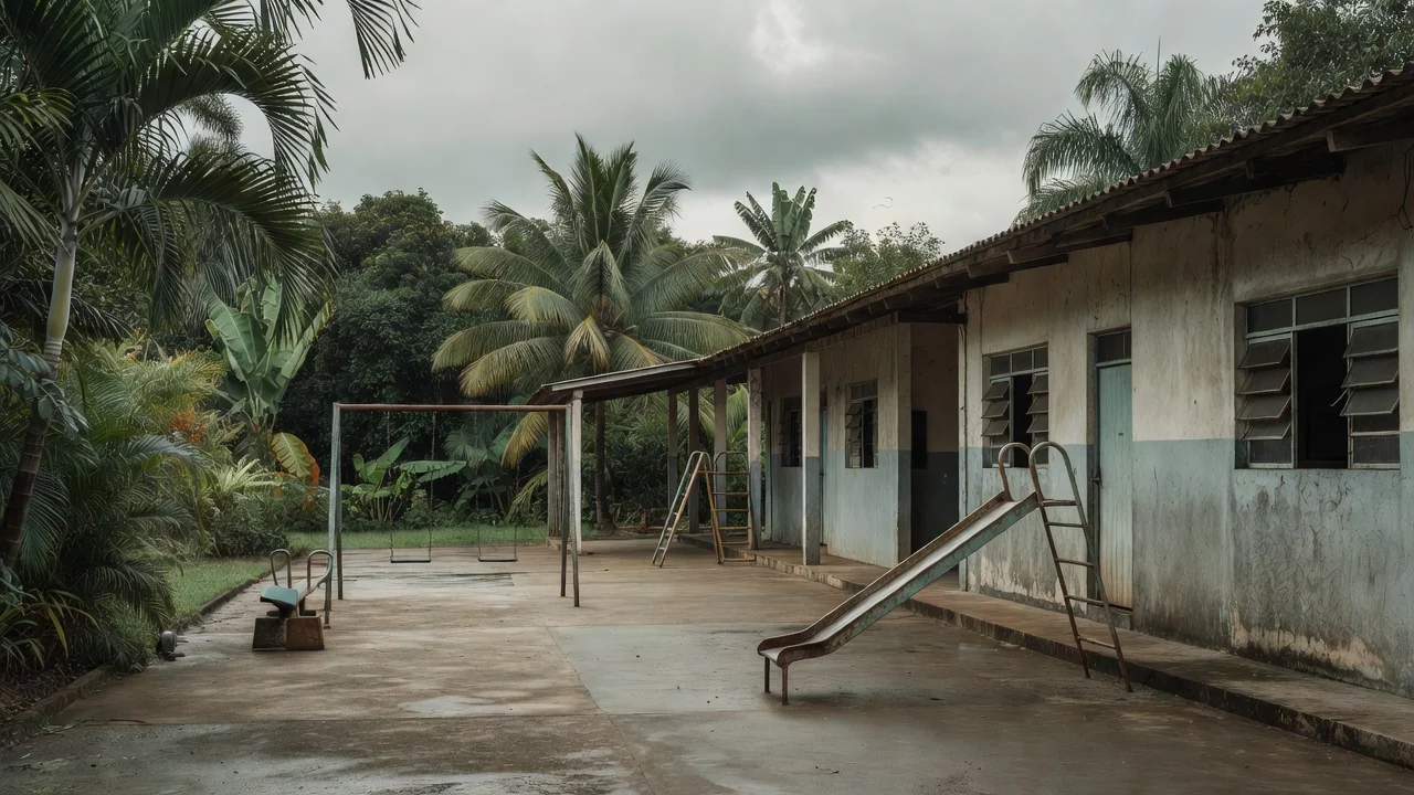 Creche em Jaru, Rondônia, com pátio vazio após mortes por pneumonia