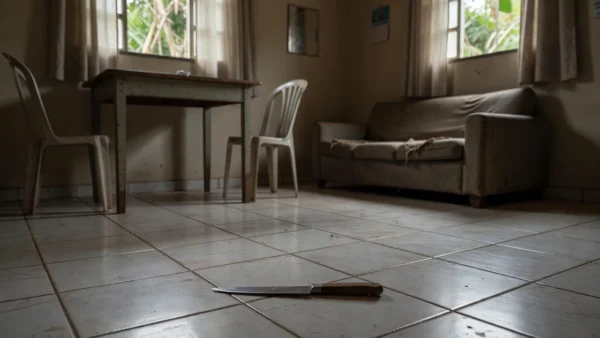Interior de casa em Vilhena com faca no chão após discussão