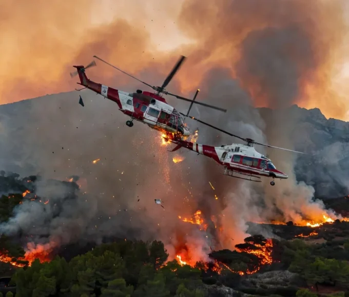 Helicópteros militares colidem no ar ao combater incêndios florestais na Grécia — Foto: Reprodução/redes sociais
