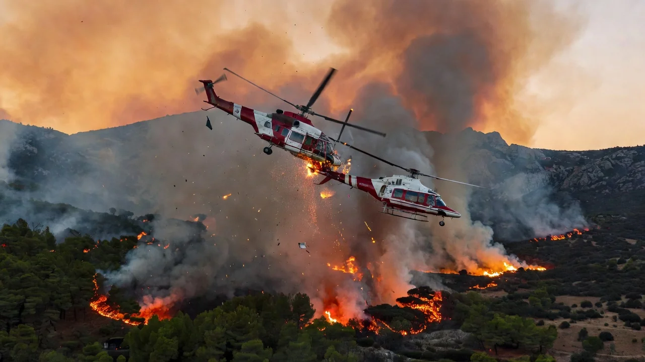 Helicópteros militares colidem no ar ao combater incêndios florestais na Grécia — Foto: Reprodução/redes sociais