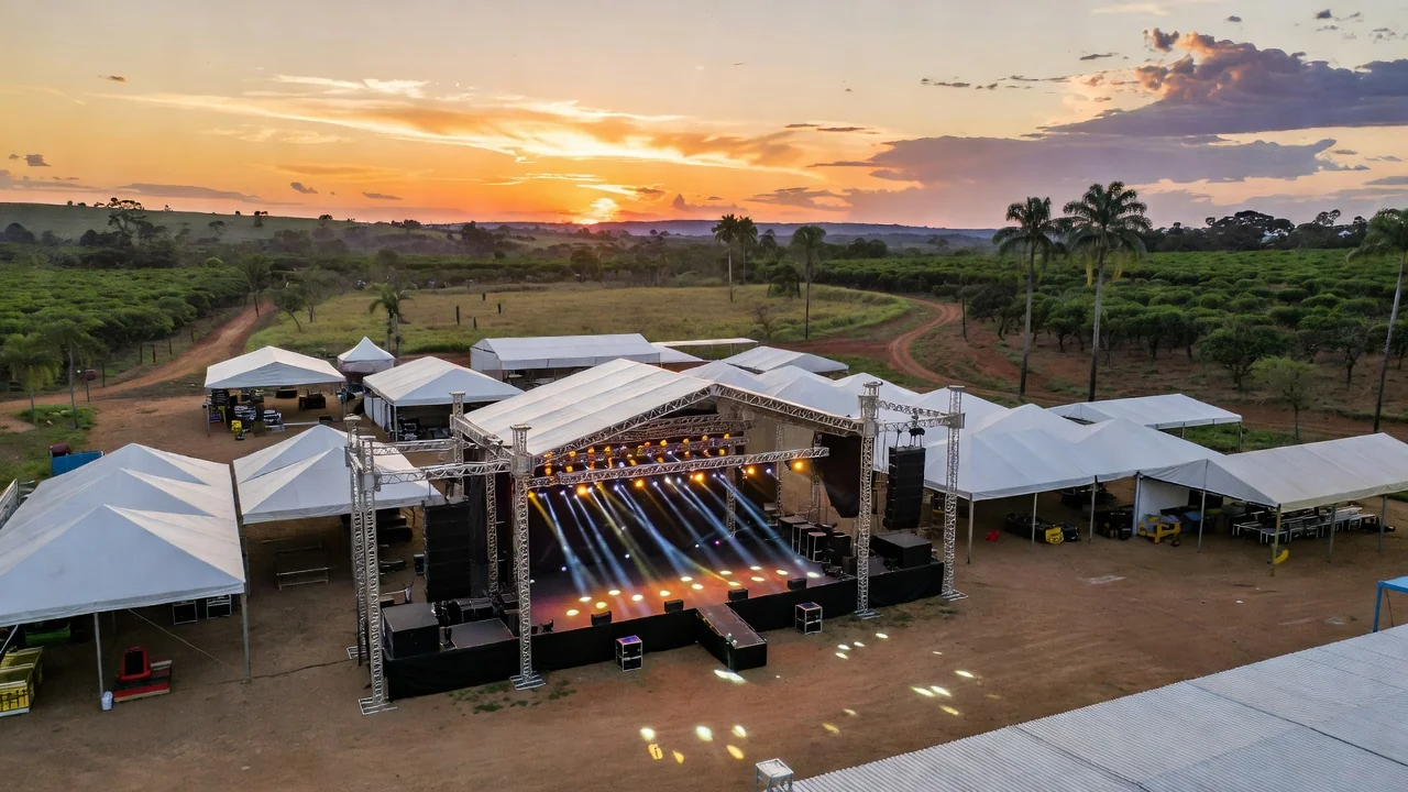 Palco principal da Expoagro em Rolim de Moura, Rondônia, preparado para shows sertanejos