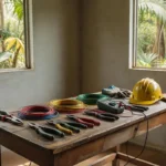 Bancada com ferramentas de eletricista em workshop de curso gratuito da Energisa em Cacoal