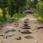 Estrada rural em Primavera de Rondônia com restos de bombinha no chão