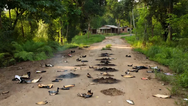 Estrada rural em Primavera de Rondônia com restos de bombinha no chão