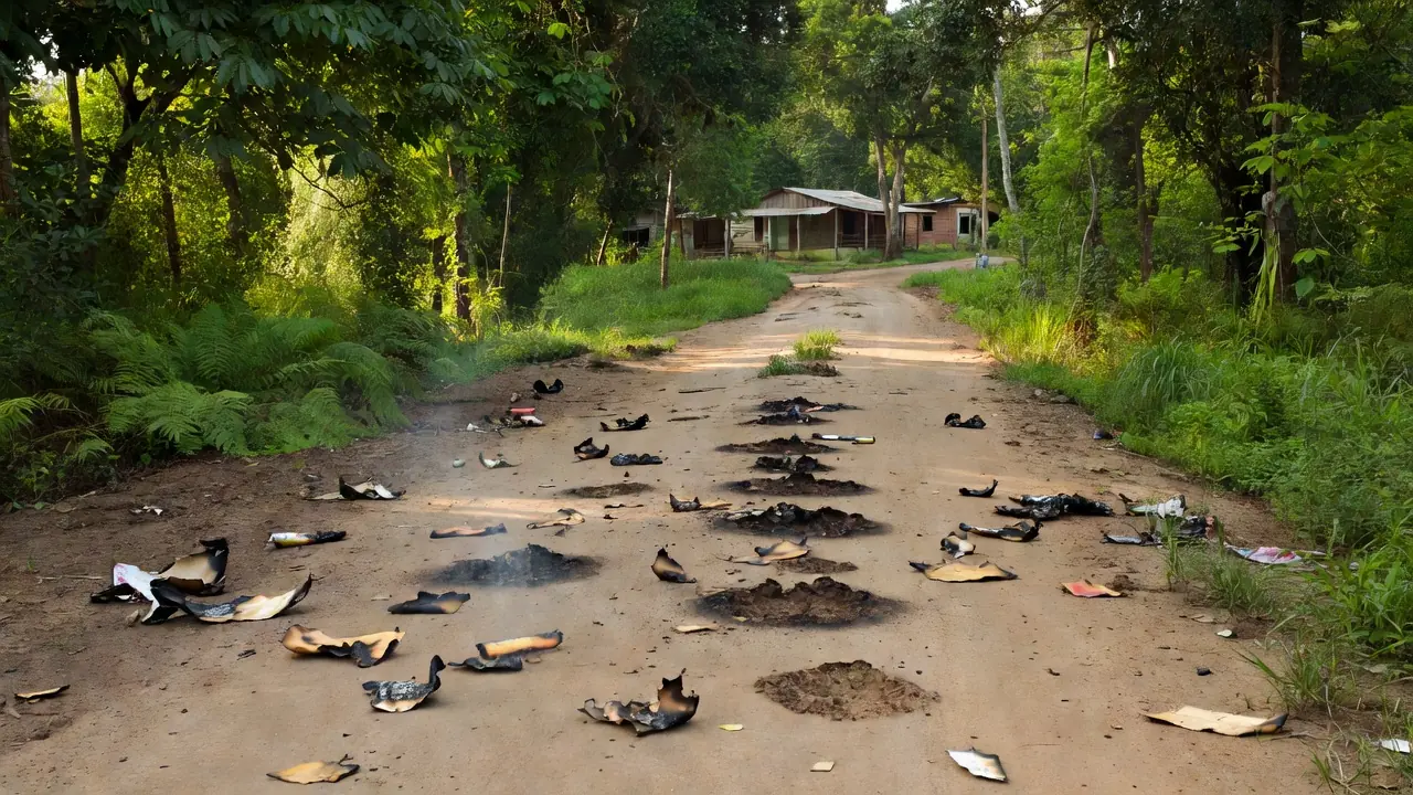 Estrada rural em Primavera de Rondônia com restos de bombinha no chão