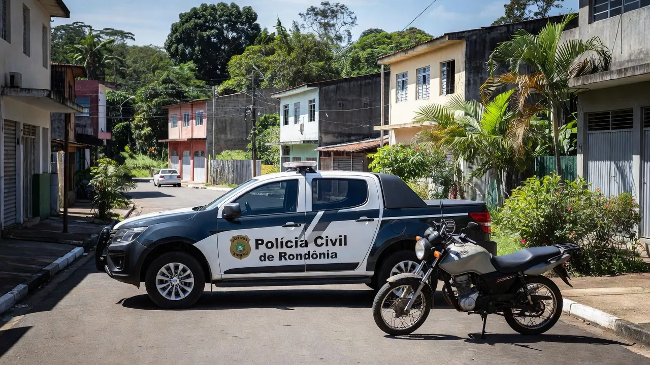 Viatura da Polícia Civil e motocicleta em Porto Velho durante operação contra golpe de seguro