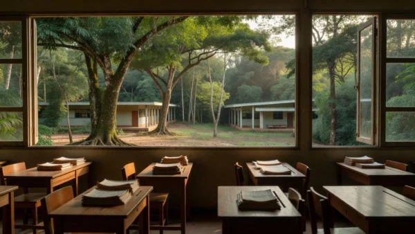 Campus da Unir em Rondônia com vegetação amazônica e sala de aula vazia, simbolizando novos cursos gratuitos