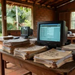 Mesa com documentos e computador representando acesso a fichas cadastrais da IDARON