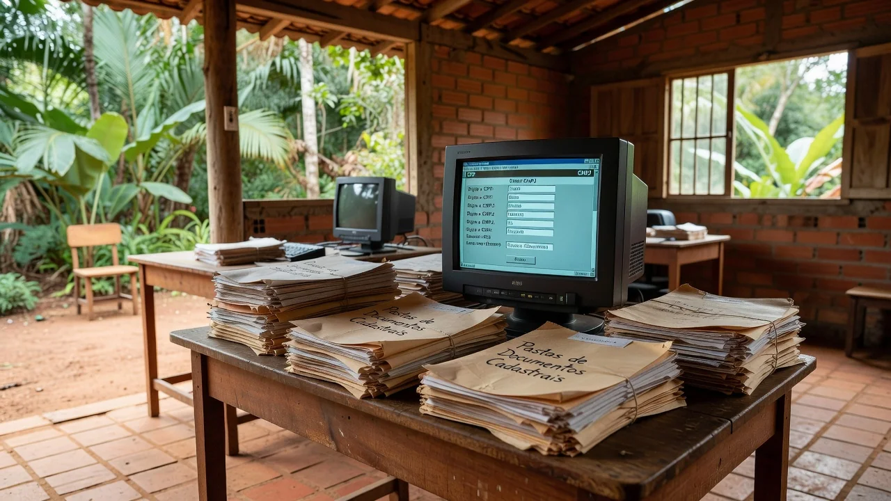 Mesa com documentos e computador representando acesso a fichas cadastrais da IDARON