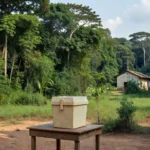 Urna eleitoral em paisagem amazônica de Rondônia com igreja ao fundo