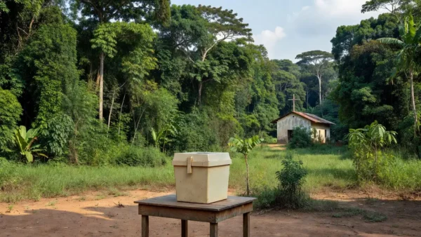 Urna eleitoral em paisagem amazônica de Rondônia com igreja ao fundo