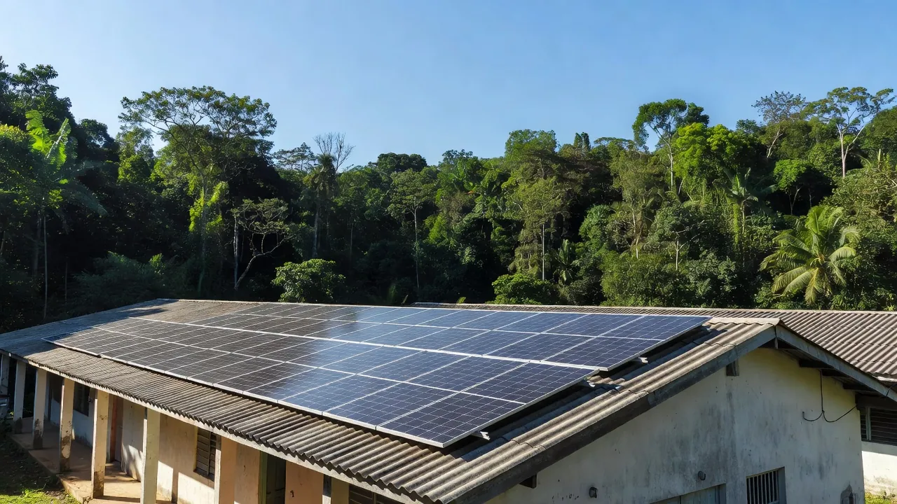 Painéis solares em escola de Rondônia simbolizando eficiência energética