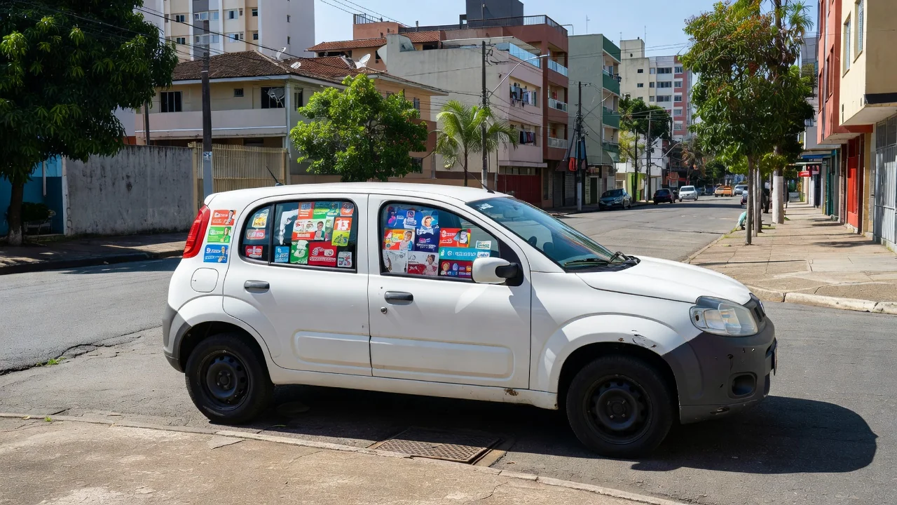 Carro com adesivos eleitorais para eleições 2026 em rua brasileira, aviso para seguradora