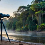 Câmera fotográfica em paisagem do rio Ji-Paraná para concurso