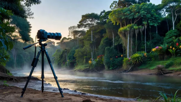 Câmera fotográfica em paisagem do rio Ji-Paraná para concurso