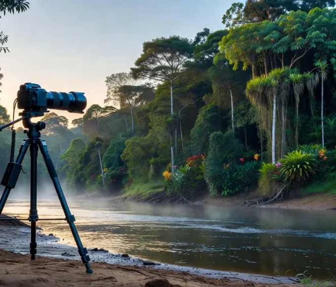 Câmera fotográfica em paisagem do rio Ji-Paraná para concurso