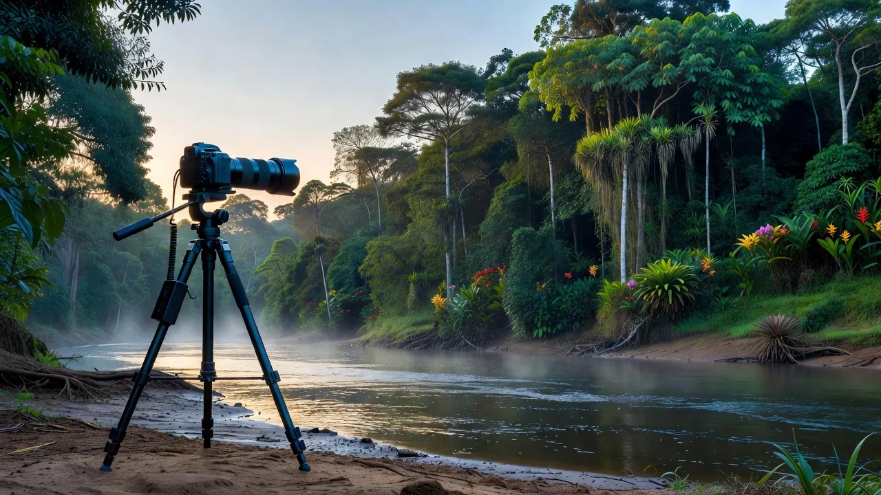Câmera fotográfica em paisagem do rio Ji-Paraná para concurso