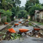 Mutirão de limpeza e drenagem no bairro Triângulo em Guajará-Mirim com valetas e equipamentos.