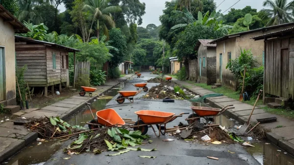Mutirão de limpeza e drenagem no bairro Triângulo em Guajará-Mirim com valetas e equipamentos.