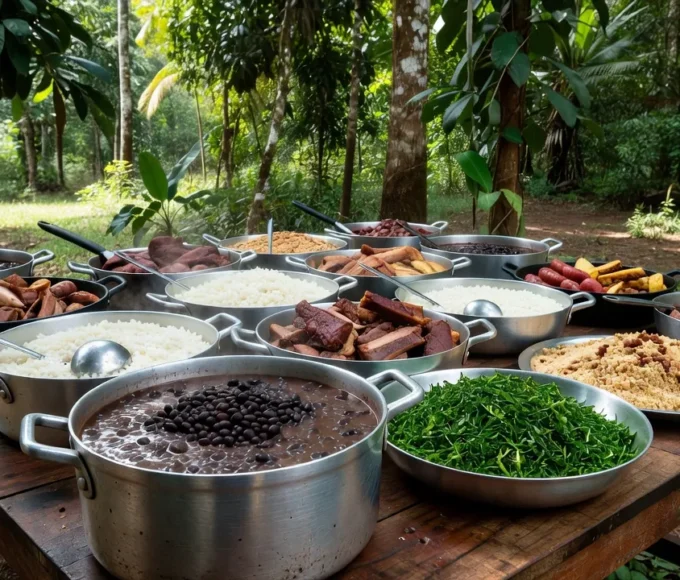 Mesa de feijoada tradicional em evento da OAB Rondônia em Porto Velho