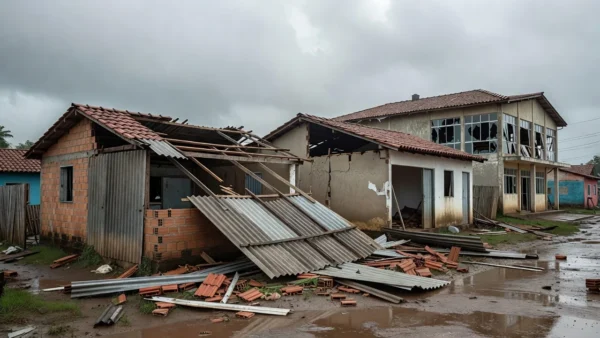 Casas destelhadas e vidraças quebradas na Prefeitura de Espigão do Oeste após ventania