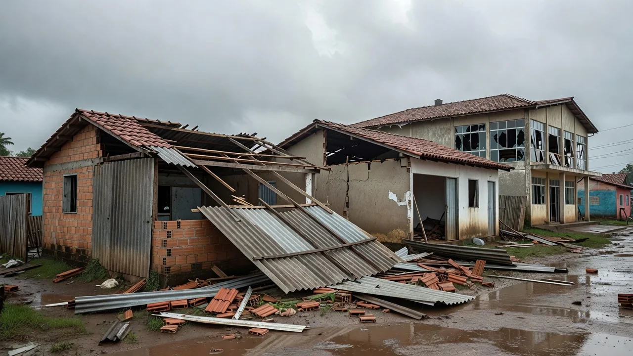 Casas destelhadas e vidraças quebradas na Prefeitura de Espigão do Oeste após ventania