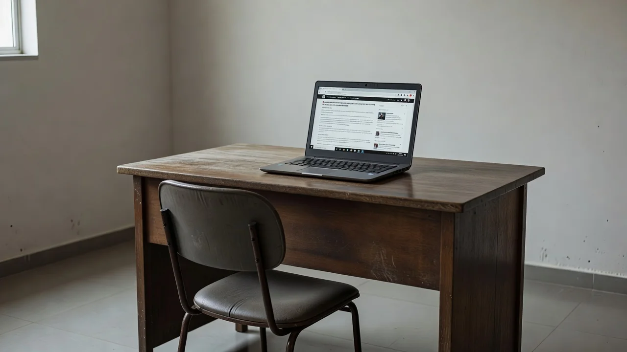 Sala de trabalho política vazia com laptop representando pré-campanha ao Senado e fake news