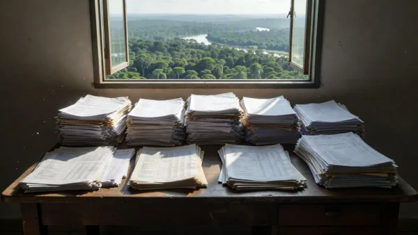 Documentos financeiros em mesa de escritório governamental em Rondônia