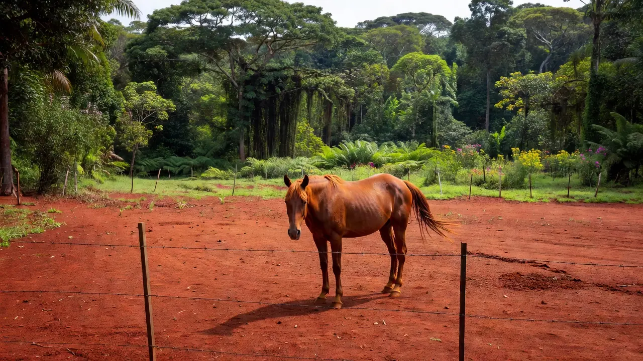 Égua perto de cerca de arame farpado em área rural de Porto Velho