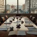 Sala de reuniões com documentos em mesa de mediação salarial entre sindicatos